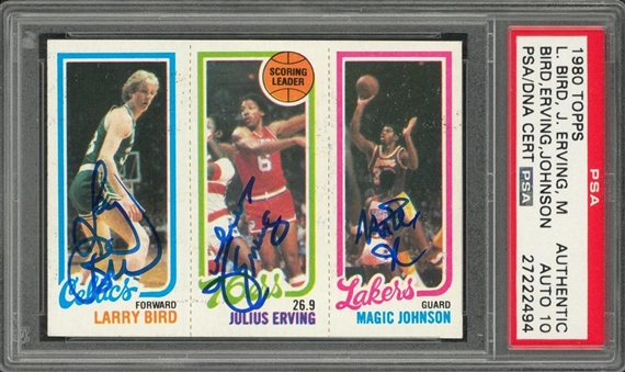 1980-81 Topps Larry Bird, Julius Erving and Magic Johnson Rookie Card – Signed by All Three Hall of Famers – PSA/DNA GEM MT 10 Signatures!